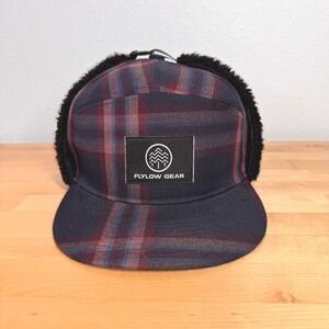 Flylow Gear Mens Plaid Sherpa Lined Trapper Hat Ear Flap Cap Navy Burgundy L/XL